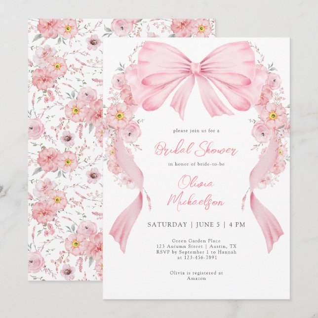 Rosa Ribbon floraler Bow Coquette Brautparty Einladung (Vorne/Hinten)