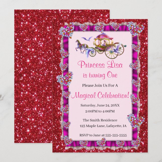Rosa Ribbon Roter Glitzer Royal Princess Birthday Einladung (Vorne/Hinten)