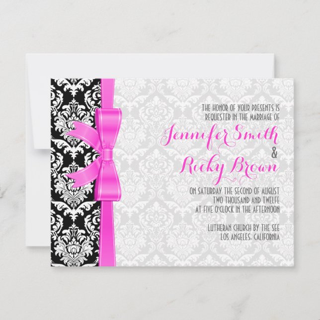 Rosa Ribbon schwarz und weiß Damasken Hochzeit Einladung (Vorderseite)