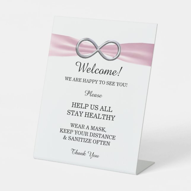 Rosa Ribbon Silber Unendlichkeit Hochzeitssicherhe Sockelschild (Vorderseite)