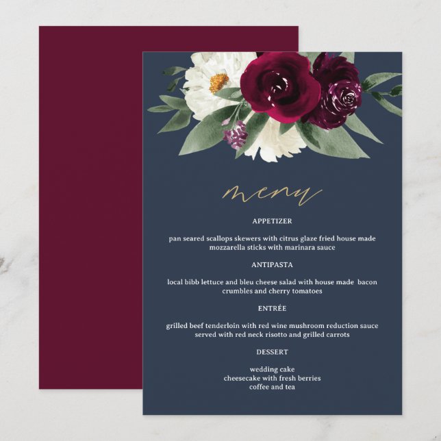 ROSA Rich Burgundy Floral Navy Blue 12x18" Menü Menükarte (Vorne/Hinten)