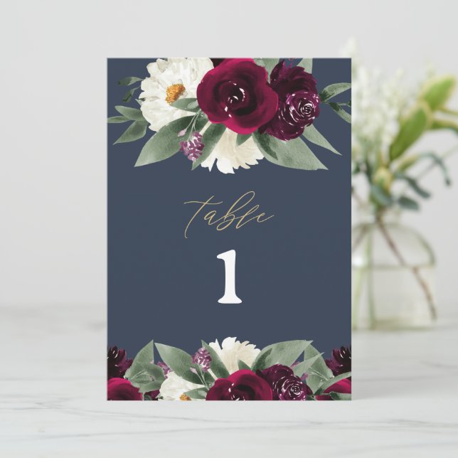ROSA Rich Burgundy Floral Navy Blue Tischnummer (Stehend Vorderseite)