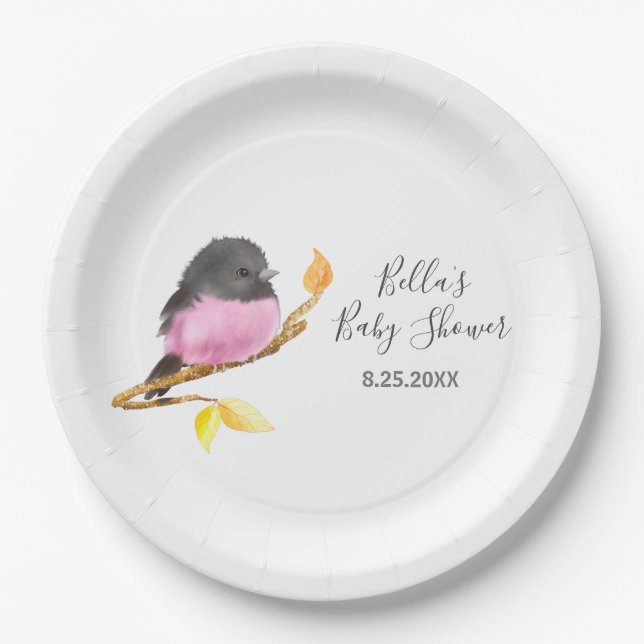 Rosa Robin Bird Baby Dusche Pappteller (Vorderseite)