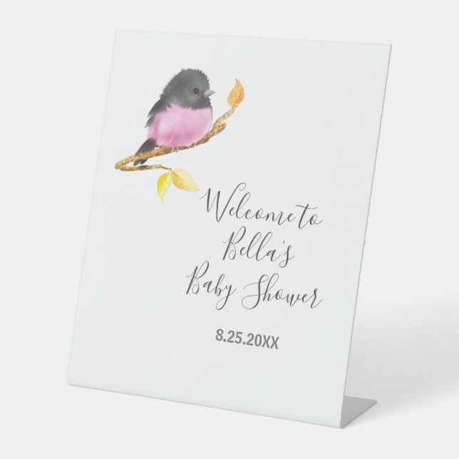 Rosa Robin Bird Baby Dusche Sockelschild (Vorderseite)