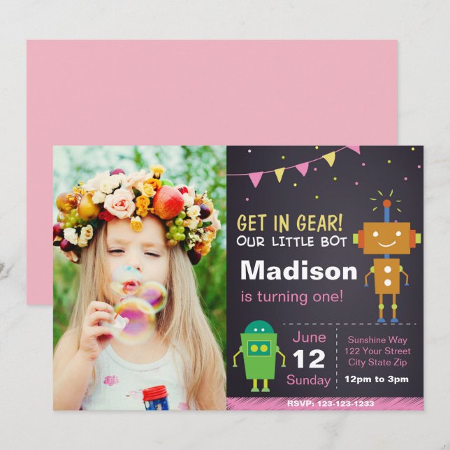 Rosa Roboter Einladung mit Foto (Vorne/Hinten)