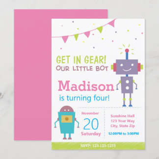 Rosa Roboter Geburtstag Teil Einladung