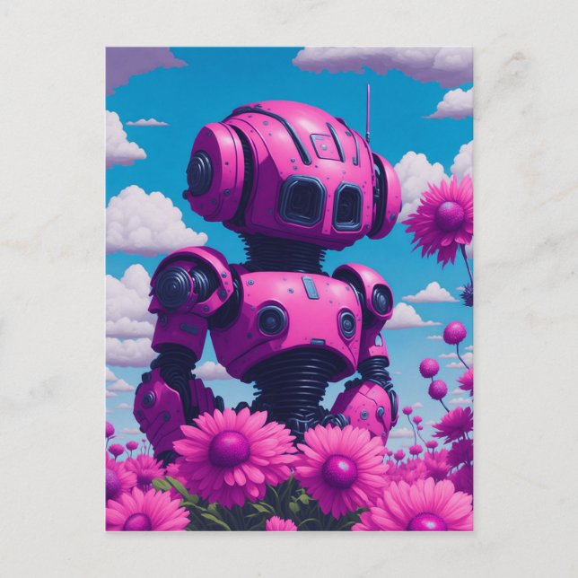 rosa Roboter in rosa Blume Postkarte (Vorderseite)