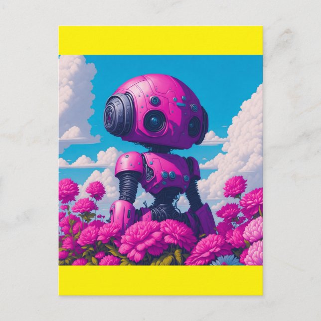 rosa Roboter in rosa Blume Postkarte (Vorderseite)