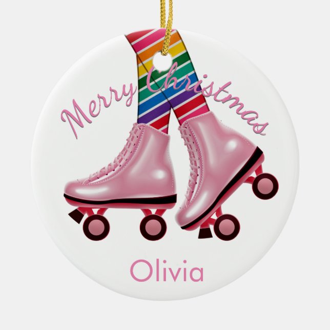 Rosa Roller Skate Girl Keramik Ornament (Vorne)