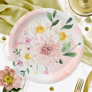 Rosa romantische Aquarell-Blumen-Brautparty Pappteller