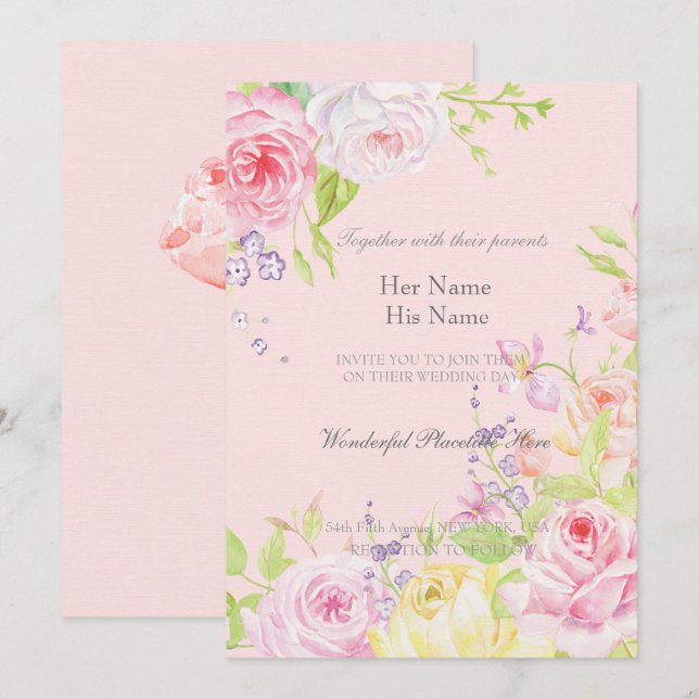 Rosa romantische Rose Einladung (Vorne/Hinten)