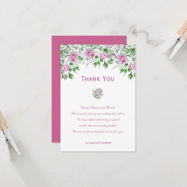 Rosa romantische Rose Hochzeit Dankeschön-Karte (Vorderseite/Rückseite Beispiel)