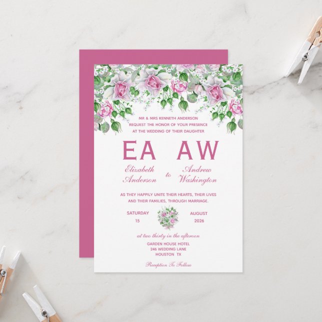 Rosa romantische Rose Hochzeit Einladung (Vorderseite/Rückseite Beispiel)