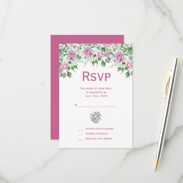 Rosa romantische Rose Hochzeit RSVP Karte (Vorderseite/Rückseite Beispiel)