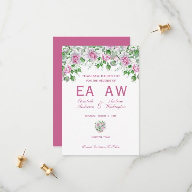 Rosa romantische Rose Hochzeit Save The Date (Vorderseite/Rückseite Beispiel)