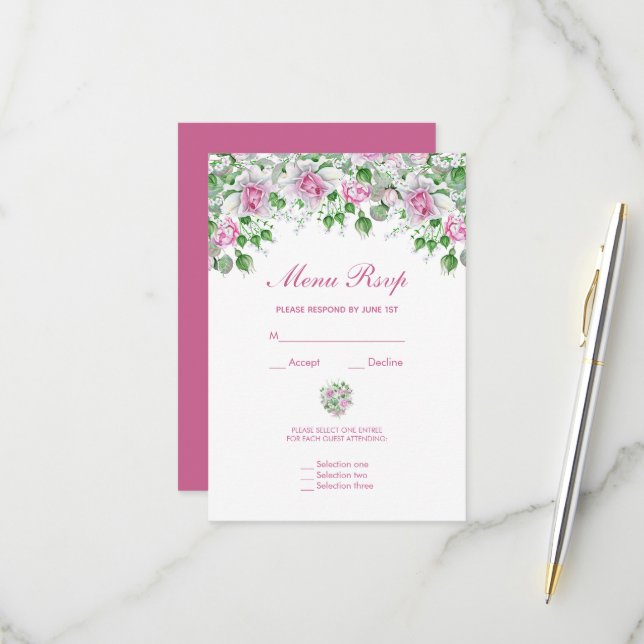 Rosa romantische Rose Hochzeitmenü-UAWG RSVP Karte (Vorderseite/Rückseite Beispiel)