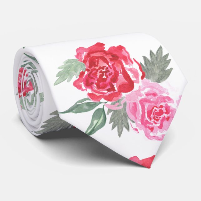 Rosa Rosa Blattgrün Hochzeit unisex Krawatte (Gerollt)