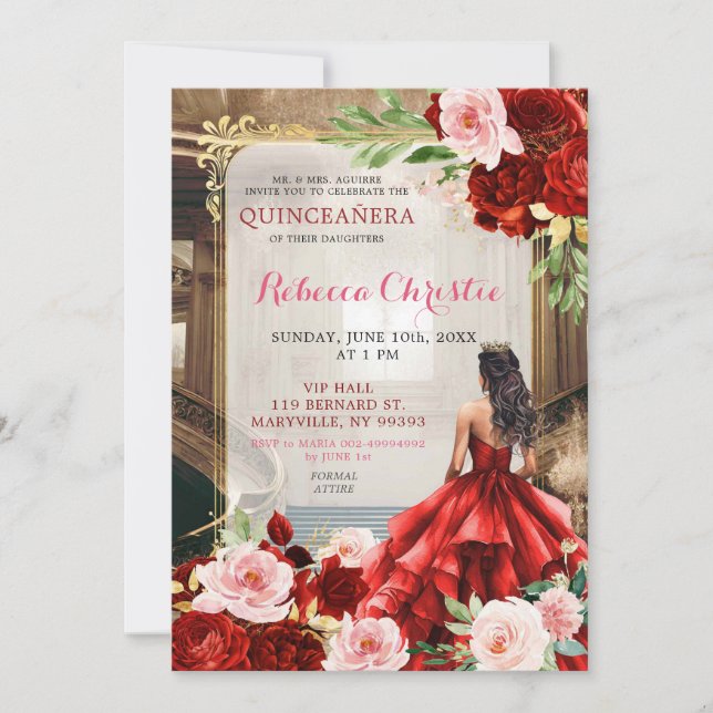 Rosa Rosa Blau Rote Flora Quinceañera Einladung (Vorderseite)