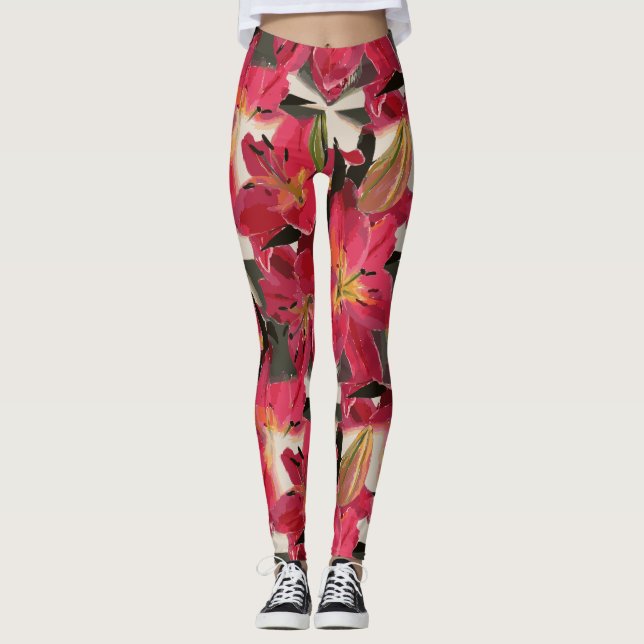 Rosa rosa Blume Grüne Blätter Weißer Hintergrund Leggings (Vorderseite)