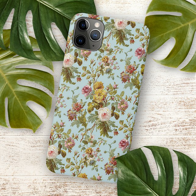 Rosa Rosa Blume Kunstmuster auf hellblau iPhone 13 Pro Max Hülle (Von Creator hochgeladen)