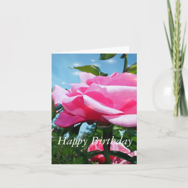 Rosa Rosa Blume und grüne Blätter in Blau Karte (Vorderseite)