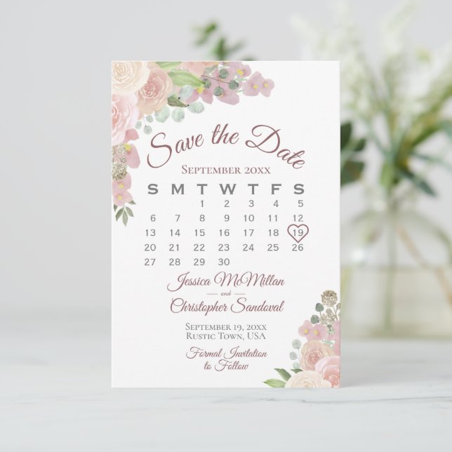 Rosa Rosa Blumengestein Elegantes Boho Hochzeitssk Save The Date (Stehend Vorderseite)