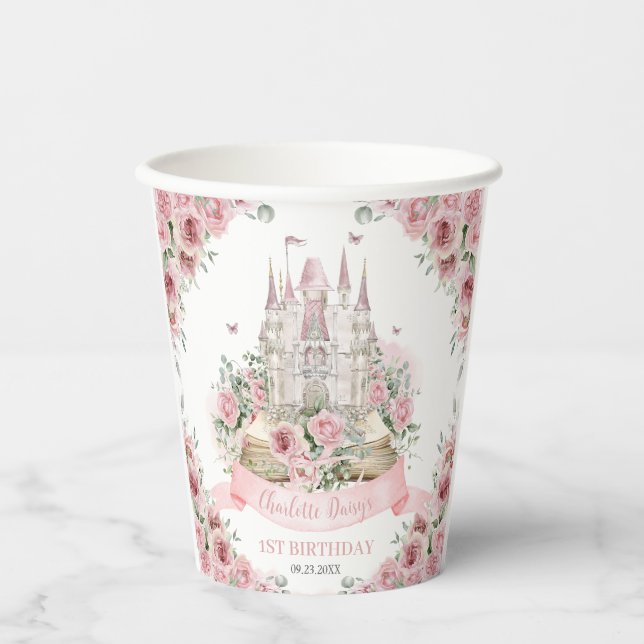 Rosa Rosa Blumenpracht Burg Storybook Pappbecher (Vorderseite)