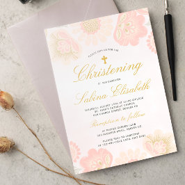 Rosa Rosa Blush Girl Christening Gold Cross Einladung