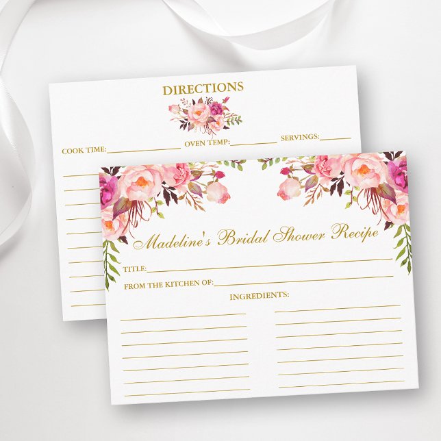 Rosa Rosa Blütenblume Brautparty Gold Rezept Karte (Customize to change text color, size or text style.)
