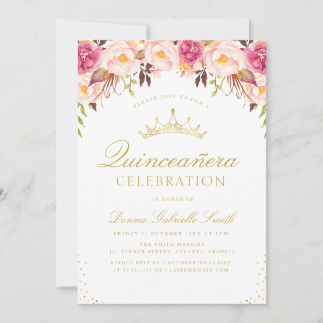 Rosa Rosa Blütenblüte Einladung Quinceanera (Vorderseite)