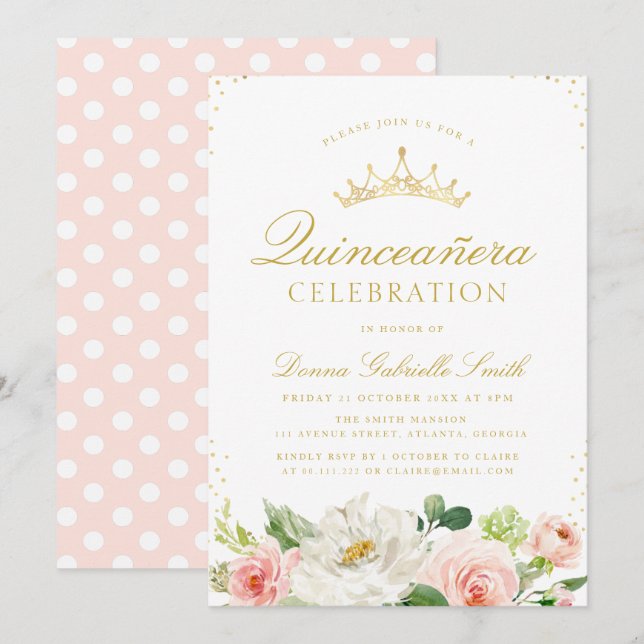 Rosa Rosa Blütenblüte Einladung Quinceanera (Vorne/Hinten)