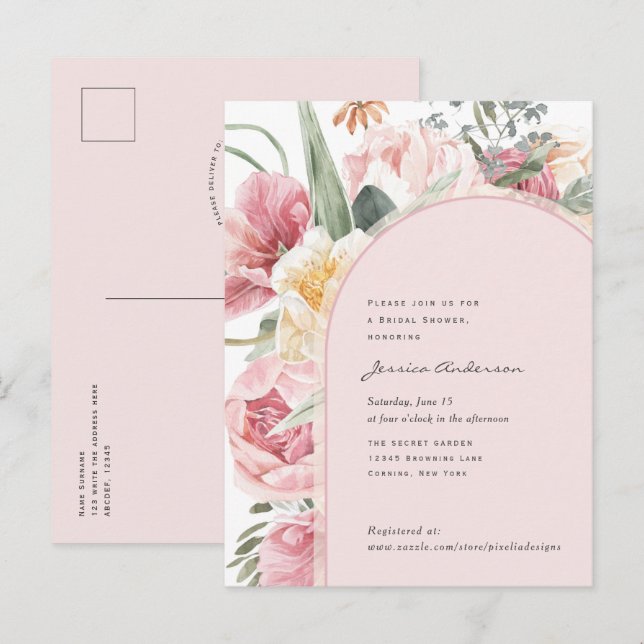 Rosa-Rosa-Boho-Blumenchic Girl Garden Bridal Einladungspostkarte (Vorne/Hinten)