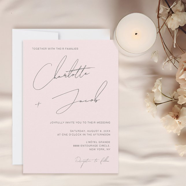Rosa Rosa Chic Minimalistisch Elegante Script-Hoch Einladung (Simplistic Minimalistic Modern Elegant Script Typography Blush pink wedding invitation.)