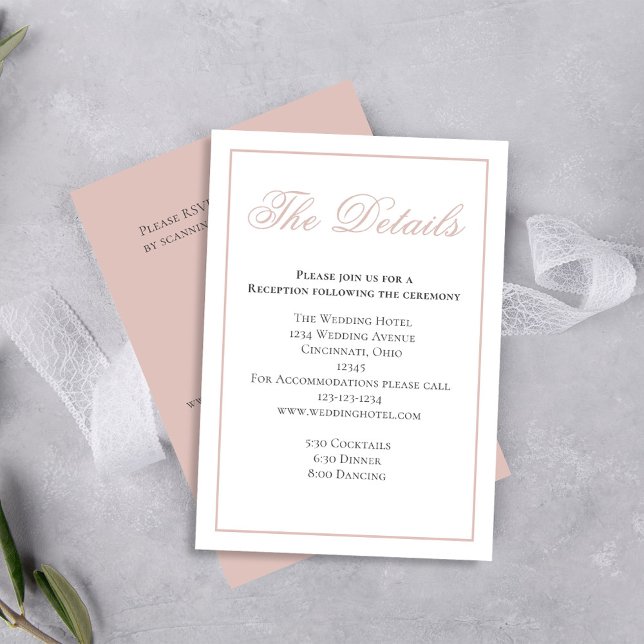 Rosa Rosa Elegante Kalligrafie Details UAWG Begleitkarte (Wedding blush pink details card with QR code template. )