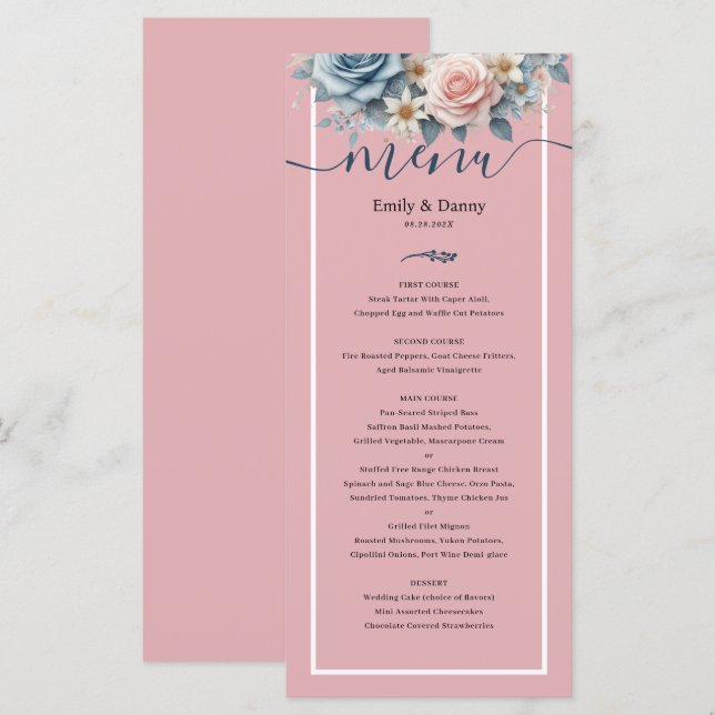 Rosa Rosa elegantes botanisches Hochzeitsmenü Menükarte (Vorne/Hinten)