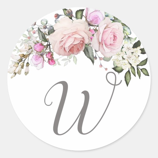 Rosa Rosa-Floral-Monogramm Runder Aufkleber (Vorderseite)