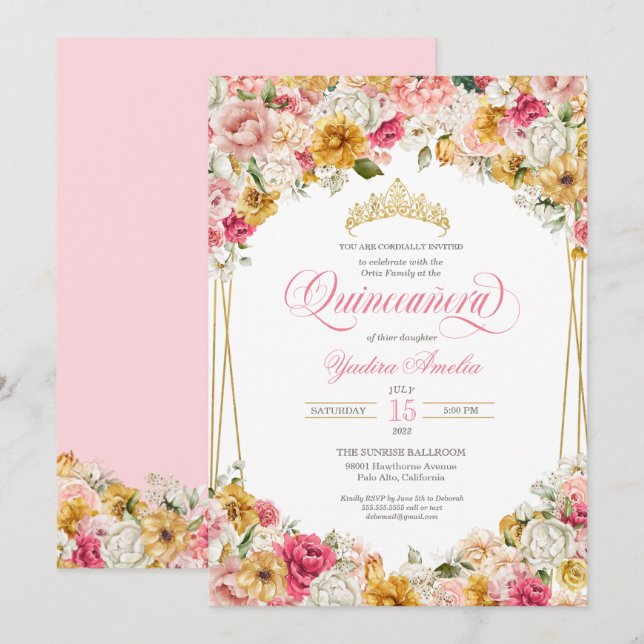 Rosa Rosa Gelbe Blüte Elegantes Quinceanera Einladung (Vorne/Hinten)