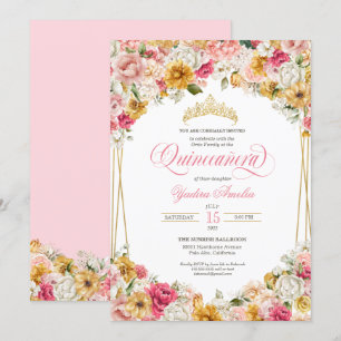 Rosa Rosa Gelbe Blüte Elegantes Quinceanera Einladung
