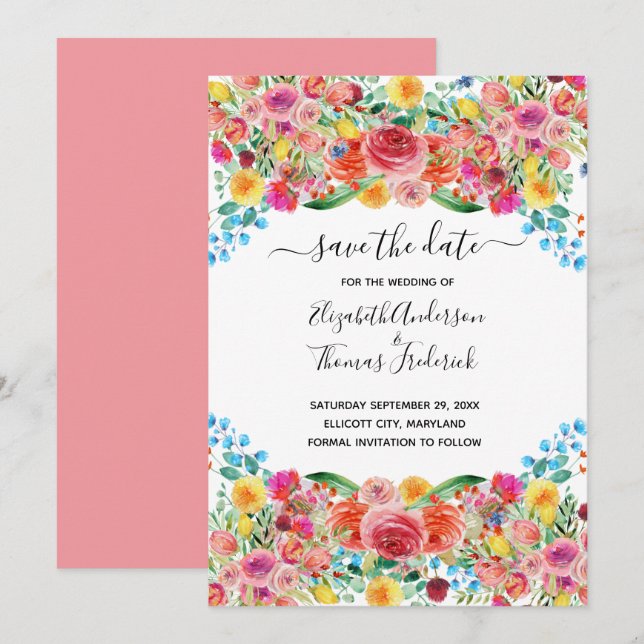 Rosa Rosa Gelbe Blüte Elegantes Wasserfarbenhochze Save The Date (Vorne/Hinten)