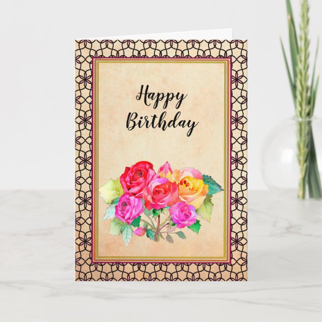 Rosa Rosa Gelbe Rosen Geburtstag Karte (Vorderseite)