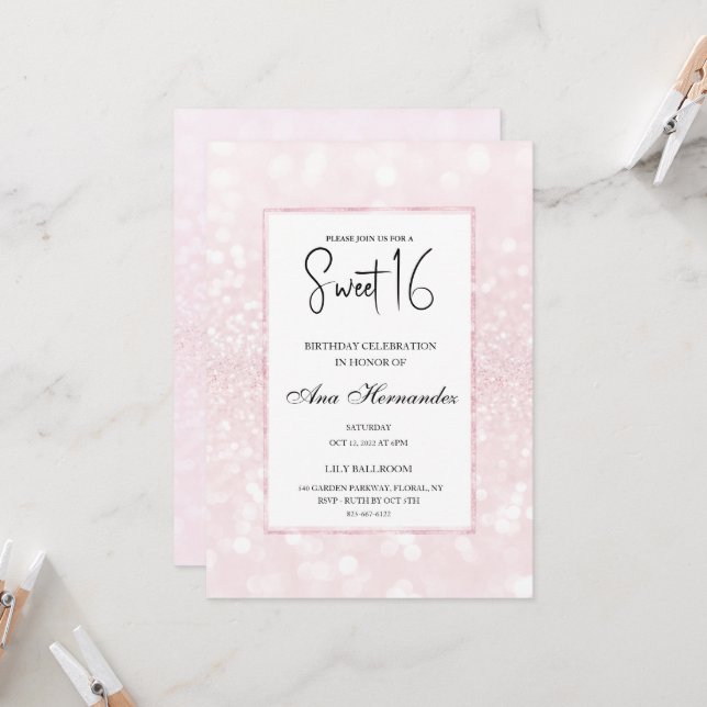 Rosa Rosa Glitzer elegant schick Sweet 16 Einladung (Vorderseite/Rückseite Beispiel)