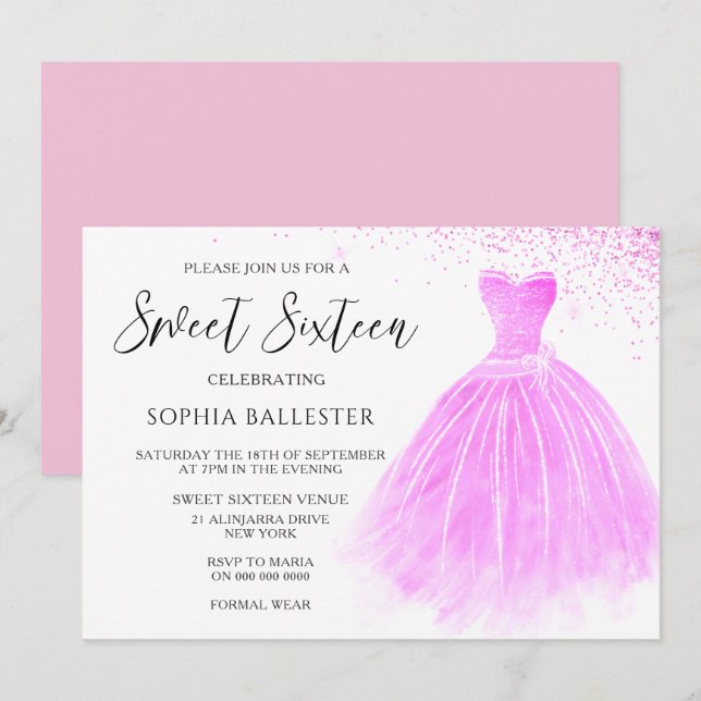 Rosa Rosa Glitzer Gown Sweet 16 Party Einladung (Vorne/Hinten)