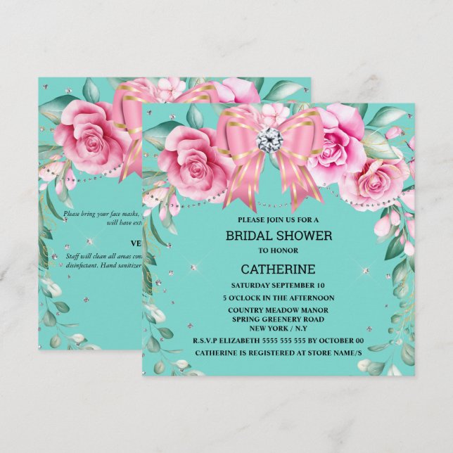 Rosa Rosa Glitzer mit glänzender aquamariner Glasu Einladung (Vorne/Hinten)