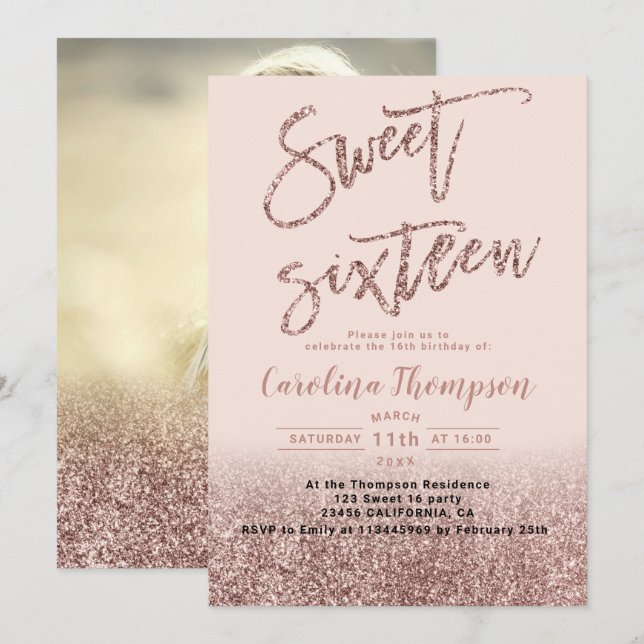 Rosa Rosa Glitzer Typografie Sweet 16 Foto Einladung (Vorne/Hinten)