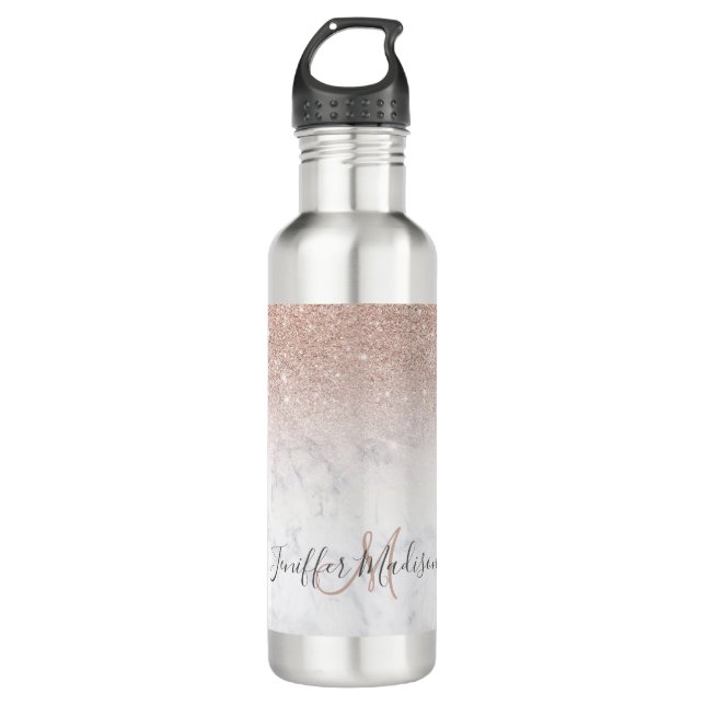 Rosa Rosa Glitzer Weißer Marmor Personalisiert Edelstahlflasche (Vorderseite)