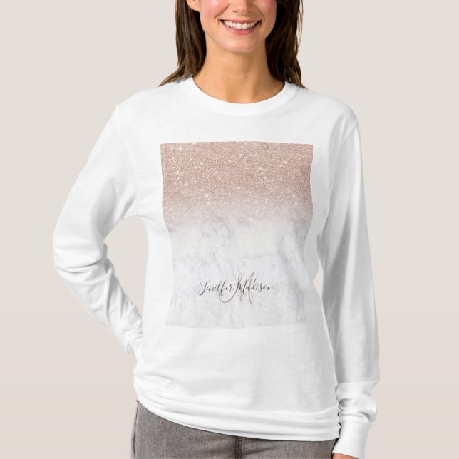 Rosa Rosa Glitzer Weißer Marmor Personalisiert T-Shirt (Vorderseite)