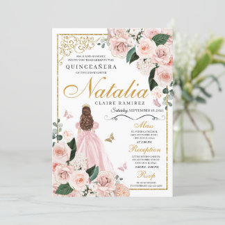 Rosa Rosa Gold Floral Princess Quinceanera Einladung