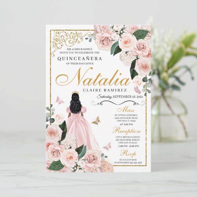 Rosa Rosa Gold Floral Princess Quinceanera Einladung (Stehend Vorderseite)