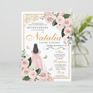 Rosa Rosa Gold Floral Princess Quinceanera Einladung