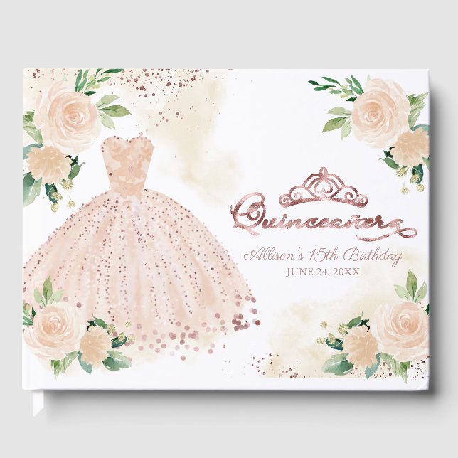 Rosa Rosa Gown Floral Quinceanera Gästebuch (Vorderseite)